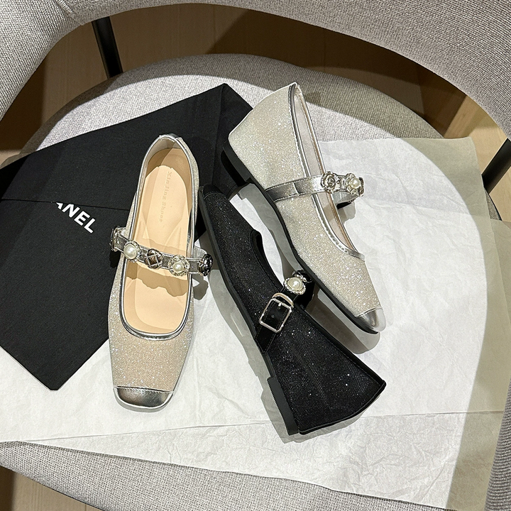 Shimmer Pearl Mary Jane Square Flat Shoes