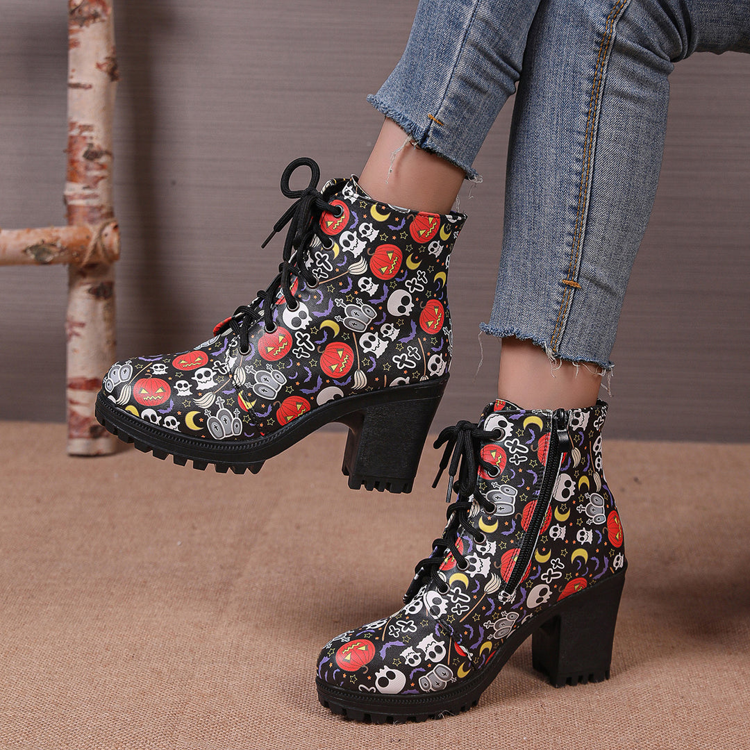 Spooky Skull Print Fashion Short Boots