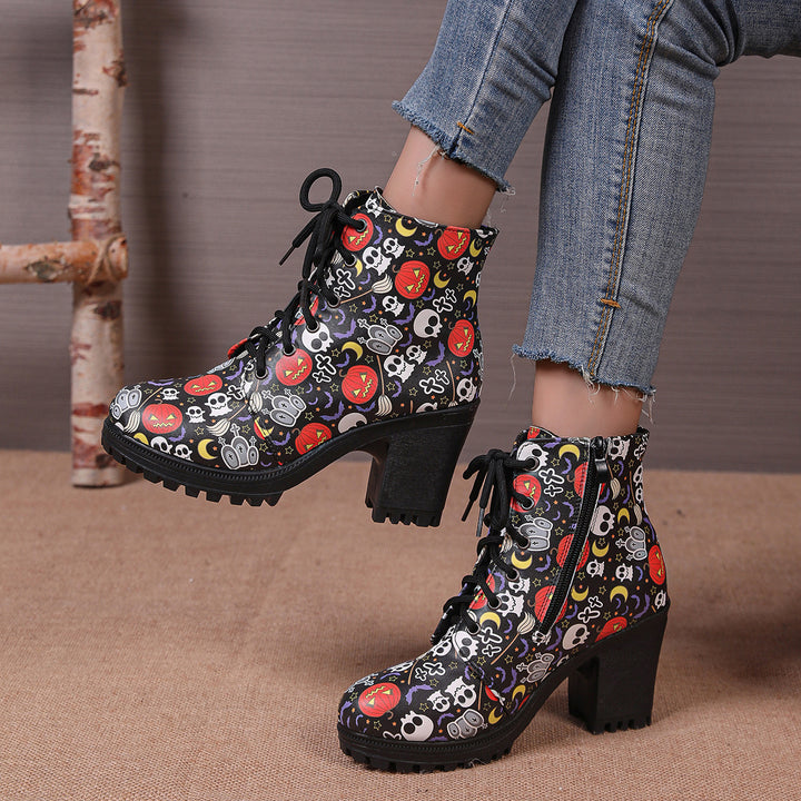 Spooky Skull Print Fashion Short Boots
