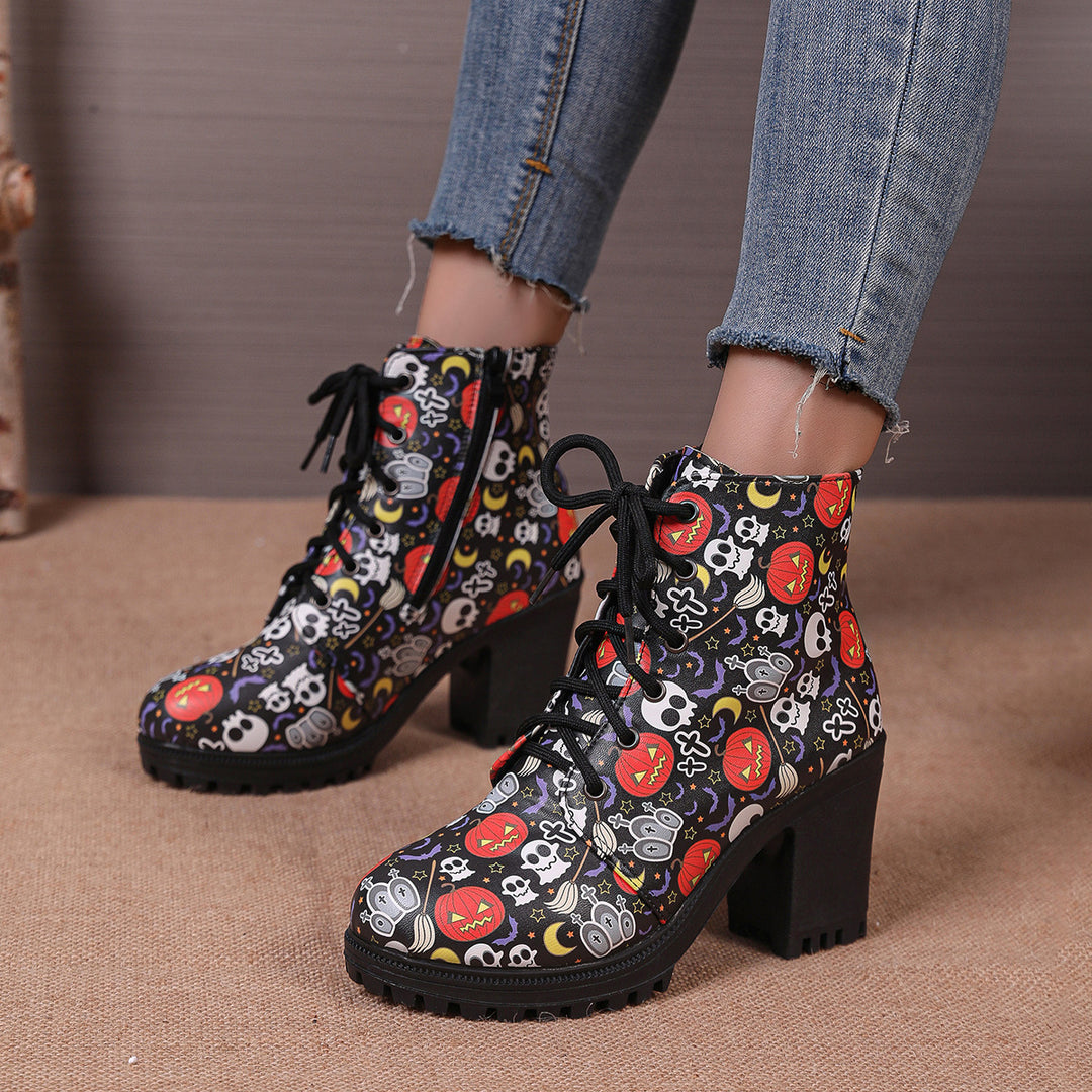 Spooky Skull Print Fashion Short Boots
