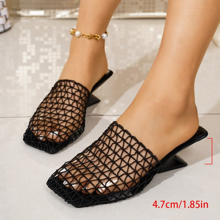 Fishnet Mesh Square-Toe Low Heel Mules