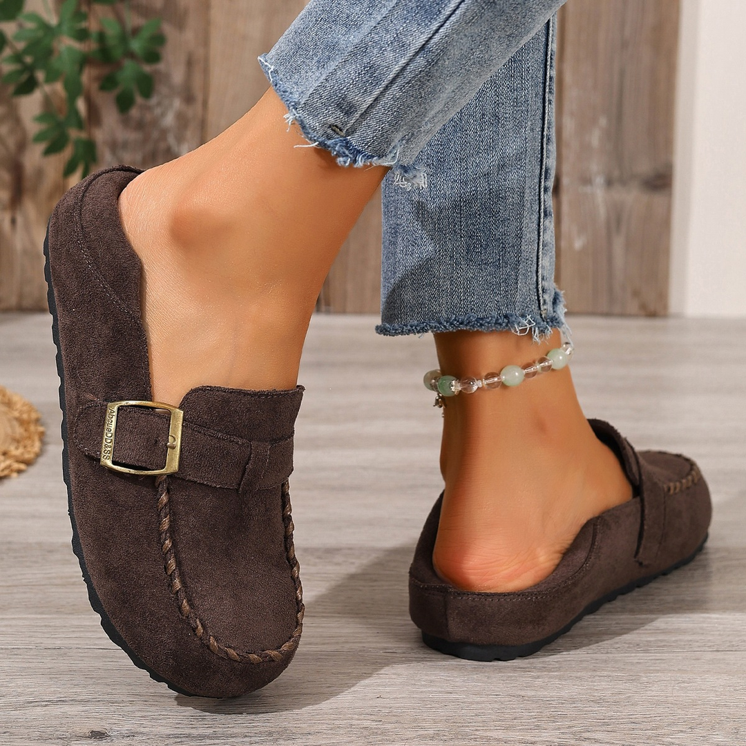 Buckle Decor Stitched Slip On Flat Loafers For Women