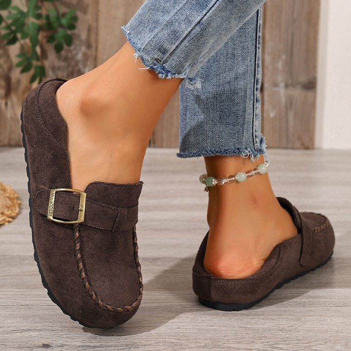 Buckle Decor Stitched Slip On Flat Loafers For Women