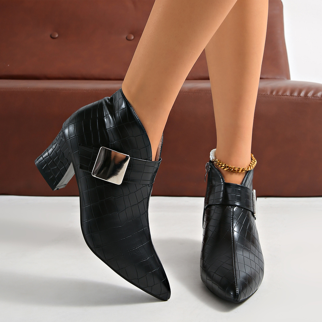Pointed-toe block-heel ankle boots with metal buckles