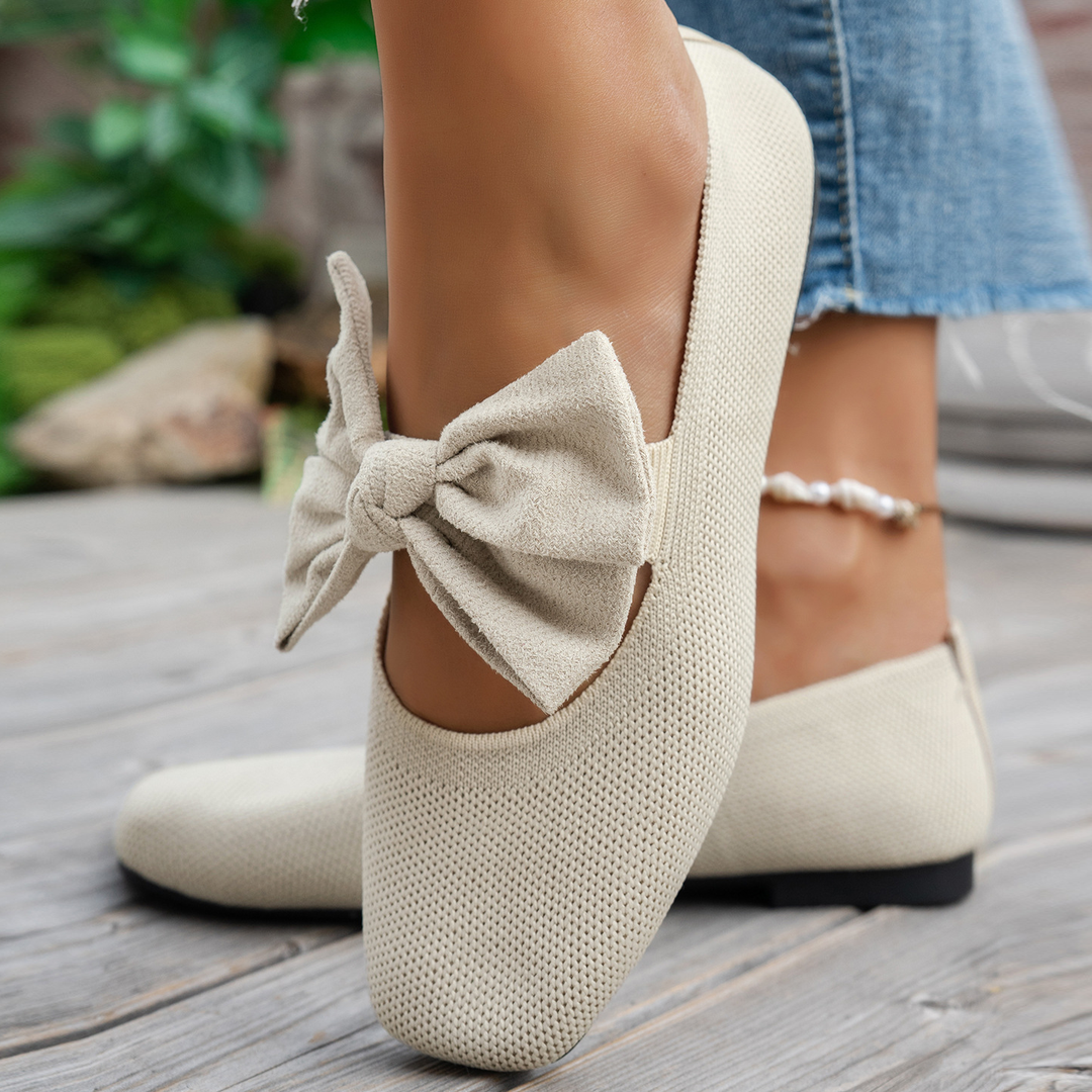 Knit Square Toe Big Bow Decor Flat Ballet Shoes