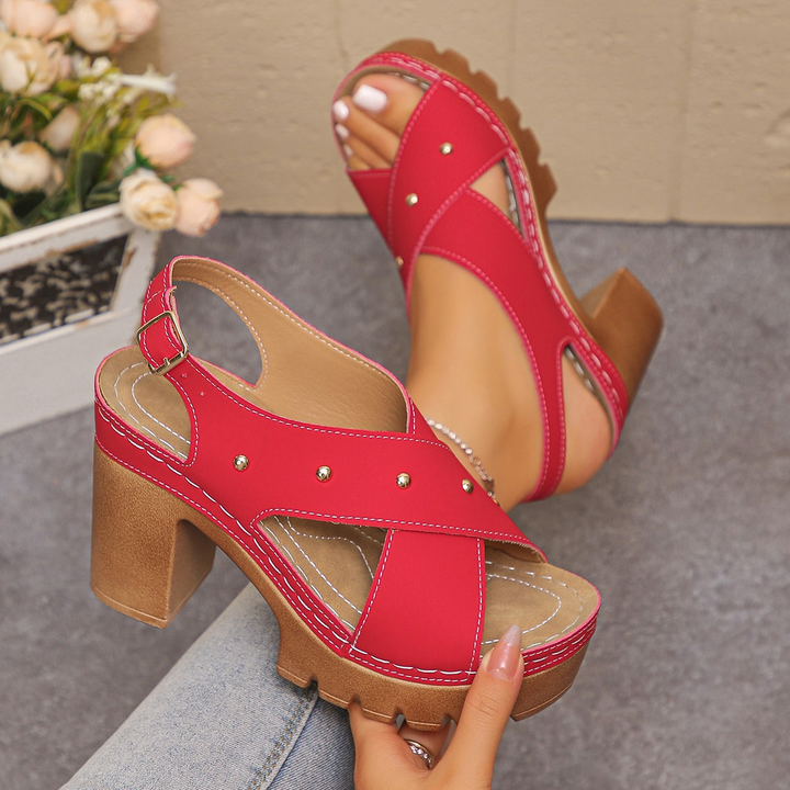 Studded Cross Strap Platform Chunky Heel Sandals