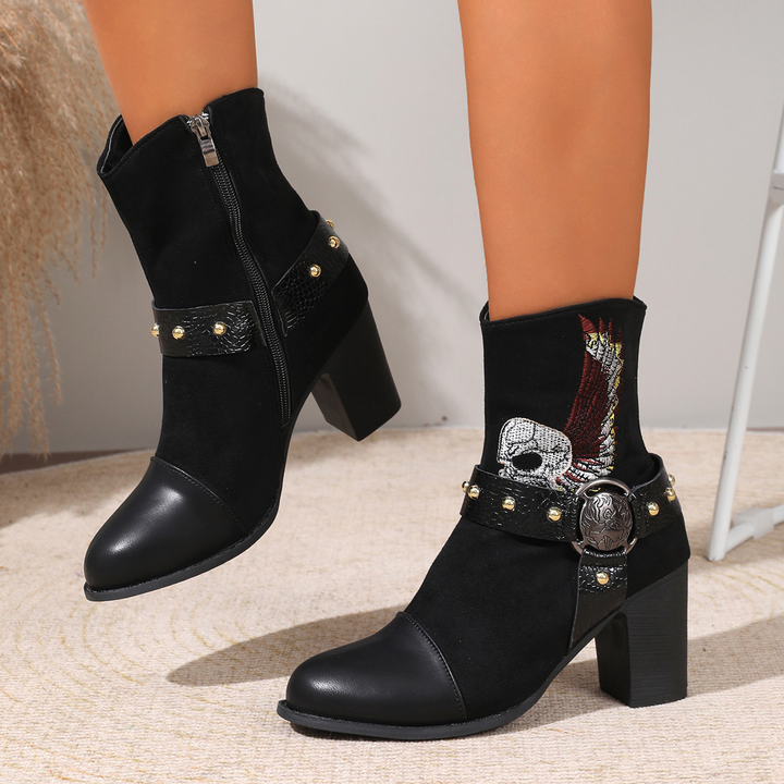 Wing Skull Embroidered Biker Boot