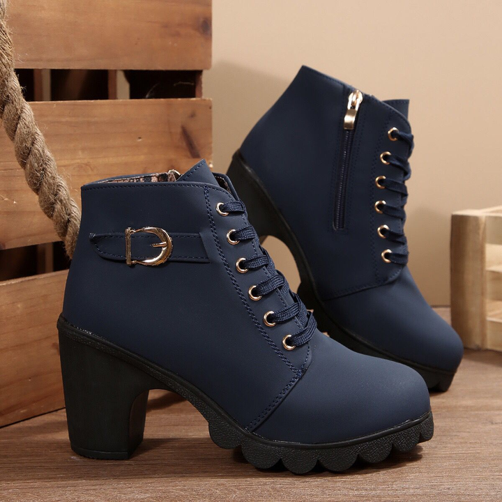 Side Zipper Buckle Strap Block Heel Ankle Boots