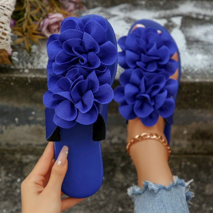 Boho Two Big Flower Flat Casual Beach Slide Sandals