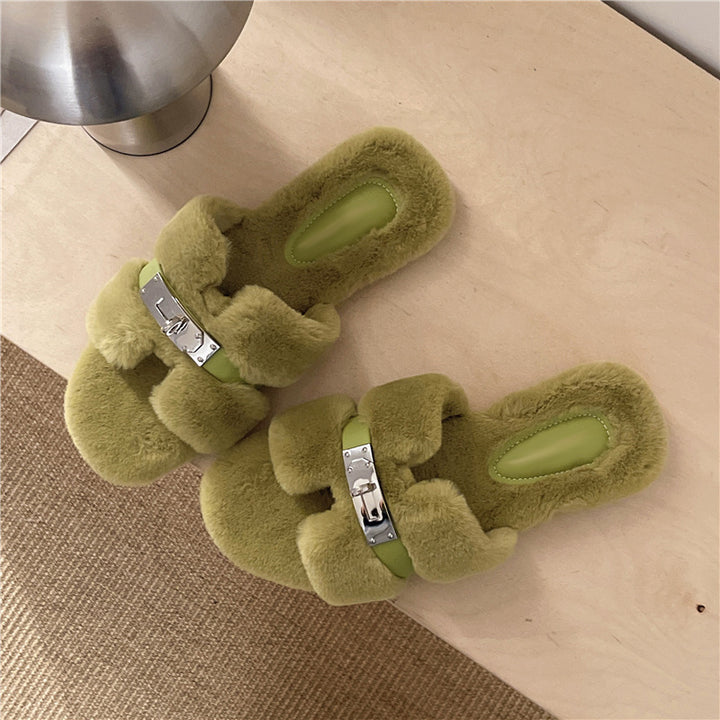 Plush Open Toe Slide Slippers