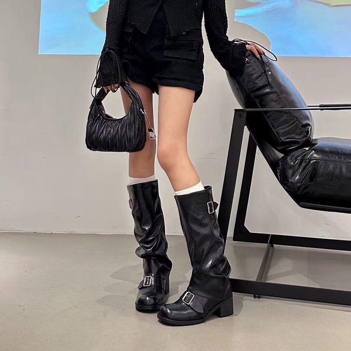 Women Slouchy Buckle Knee High Boots