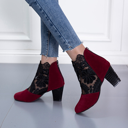 See Through Floral Lace Mesh Rhinestone Block Heel Booties