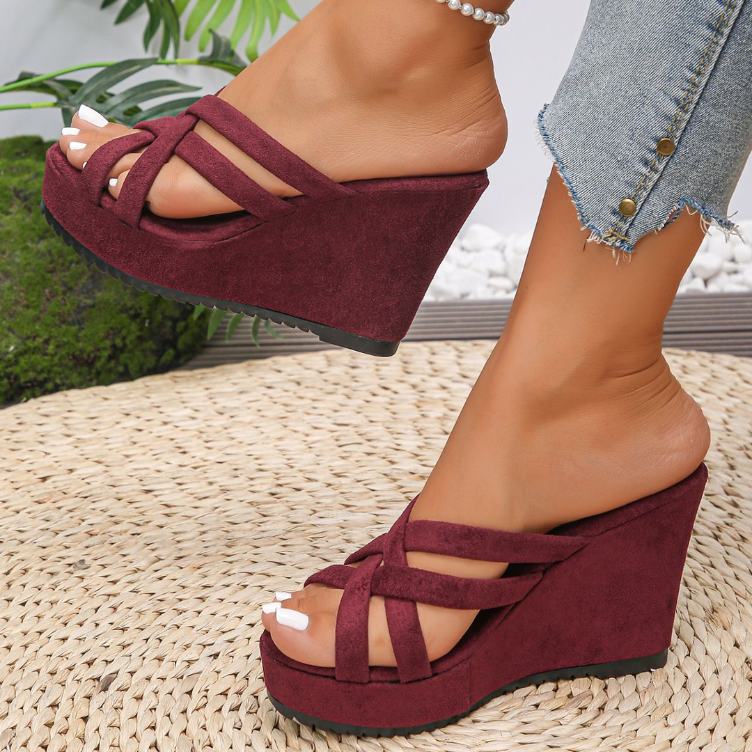 Ladies Slip On Criss Strap Wedge Slide Sandals