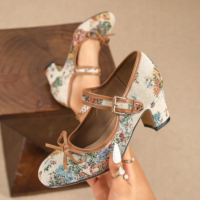 Retro Floral Bow Strap Mary Jane Heels
