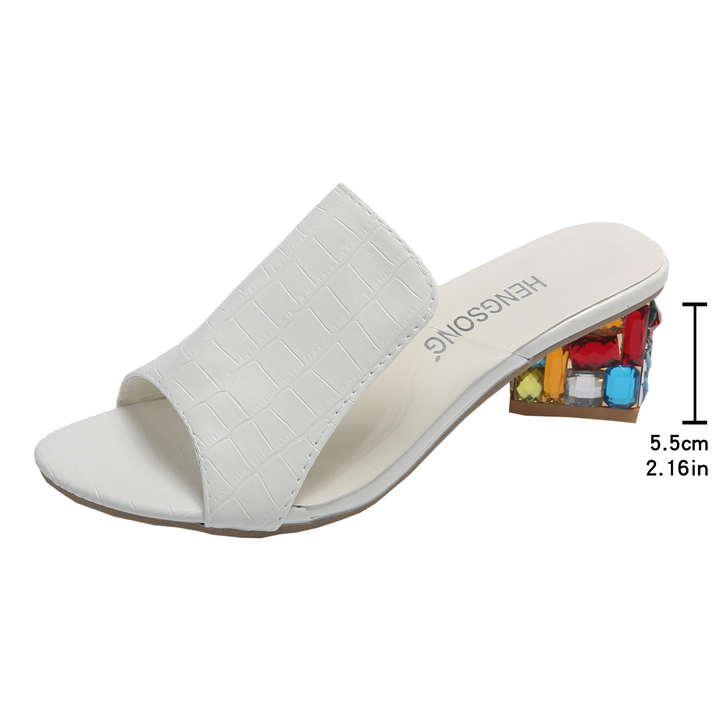 Gem Block Heel Croc Texture Slide Sandals
