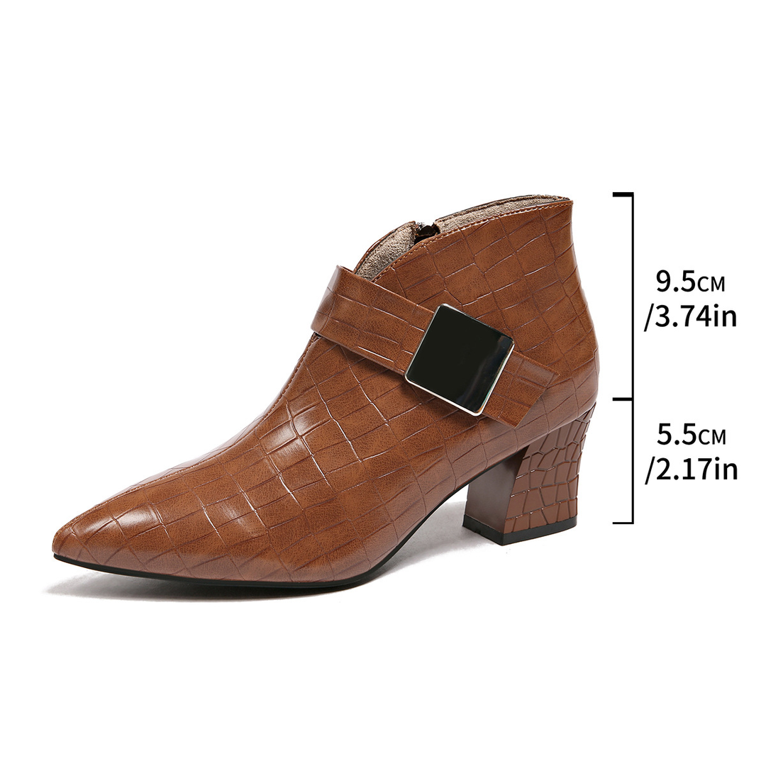 Pointed-toe block-heel ankle boots with metal buckles