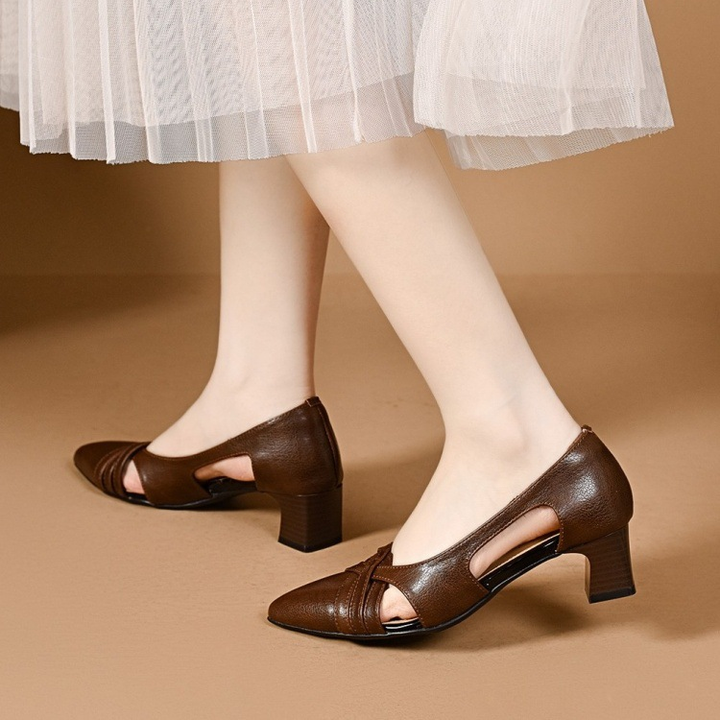 Pointed Toe Cutout Crisscross Strap Block Heel Shoes