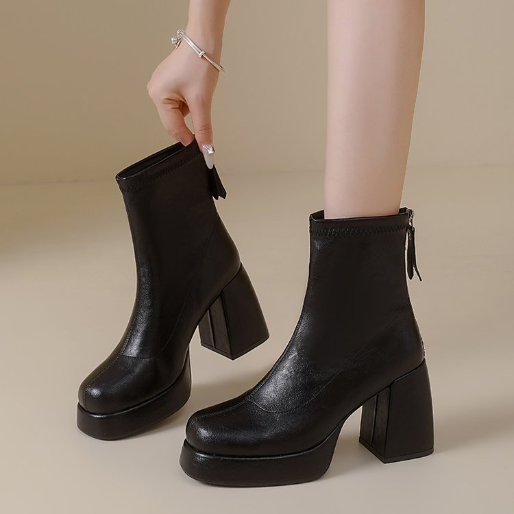 Platform Block Heel Back Zip Ankle Boots