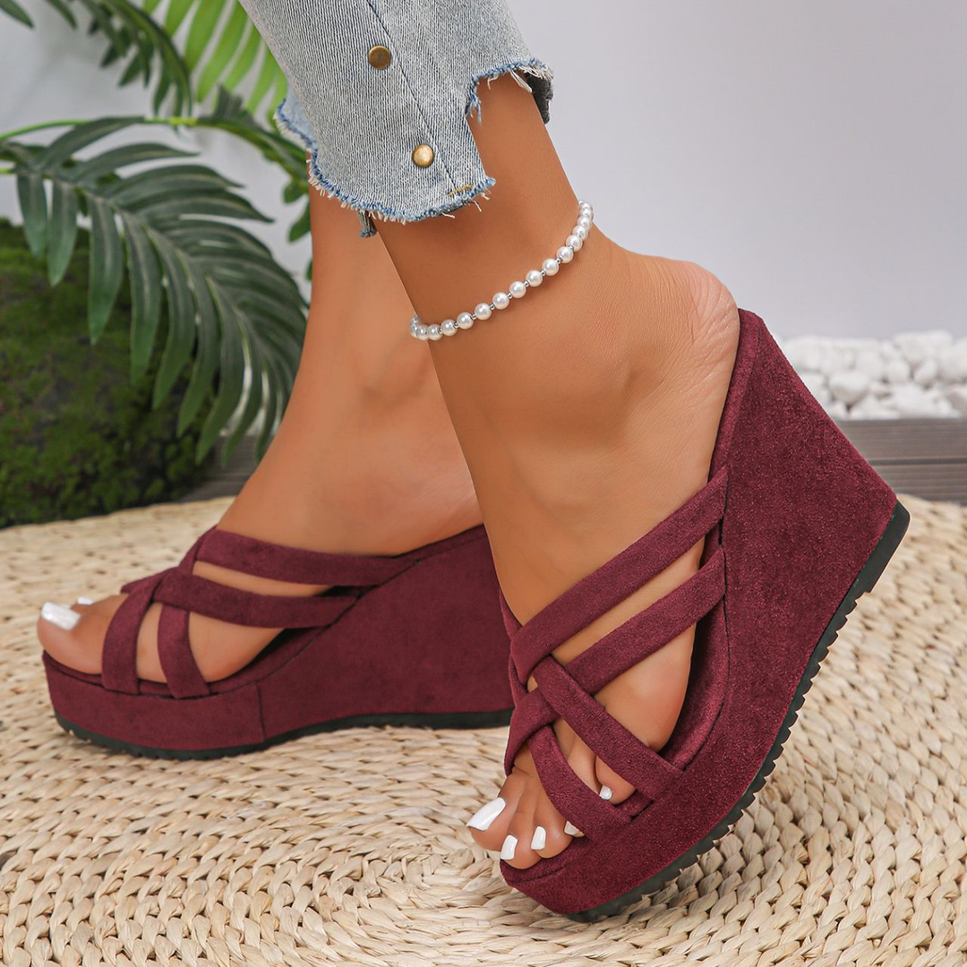 Ladies Slip On Criss Strap Wedge Slide Sandals