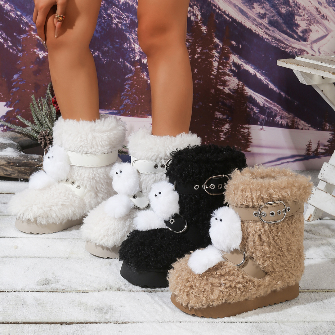 Cute Plush Doll Accent Furry Platform Buckle Ankle Boots