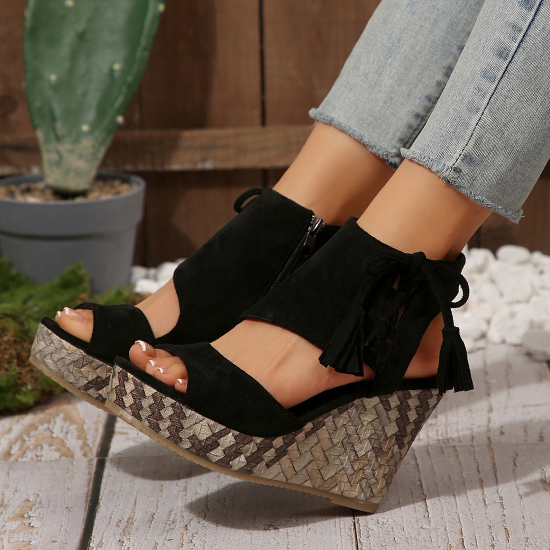 Tassel Lace Up Woven Wedge Ankle Sandals