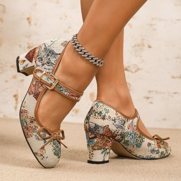Retro Floral Bow Strap Mary Jane Heels