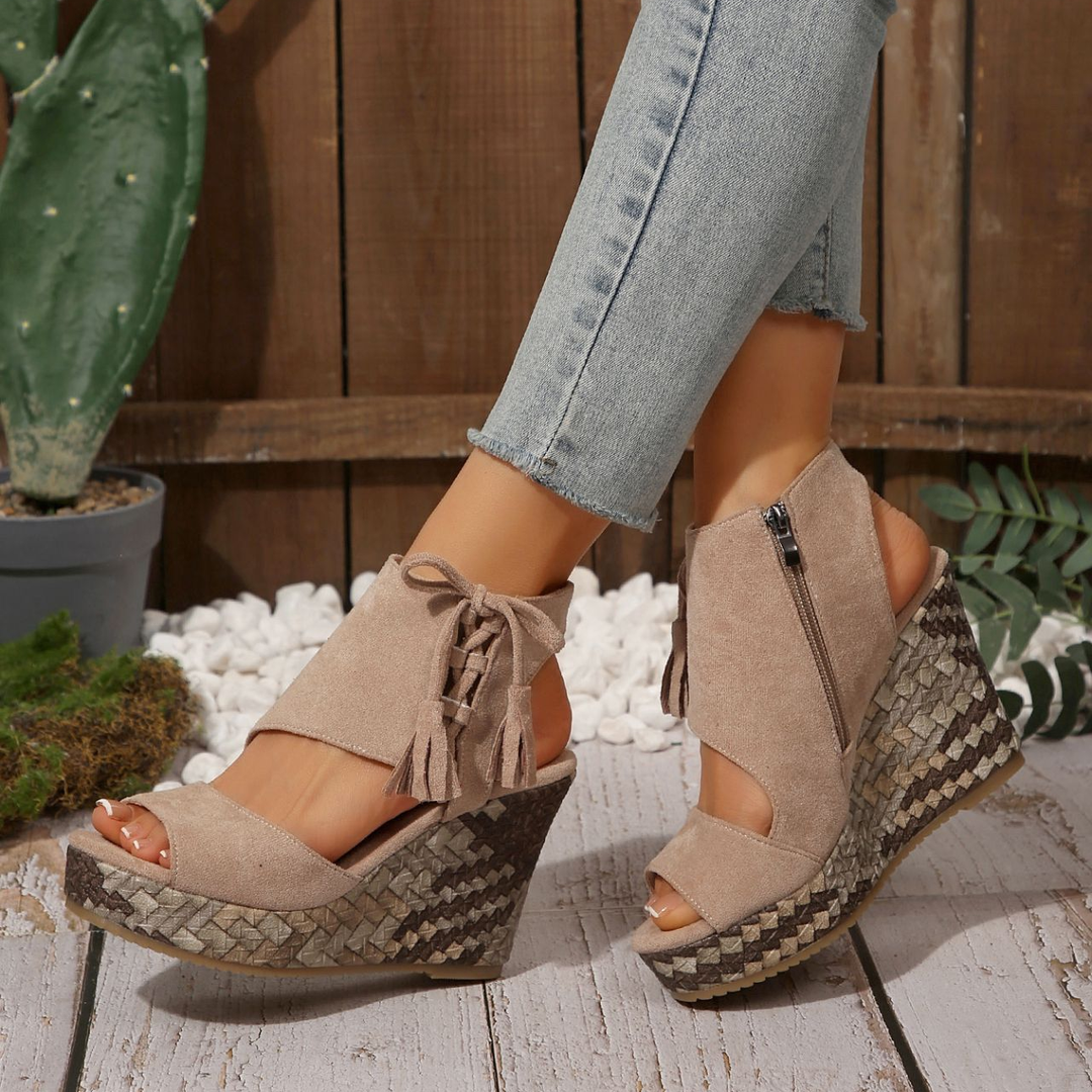 Tassel Lace Up Woven Wedge Ankle Sandals