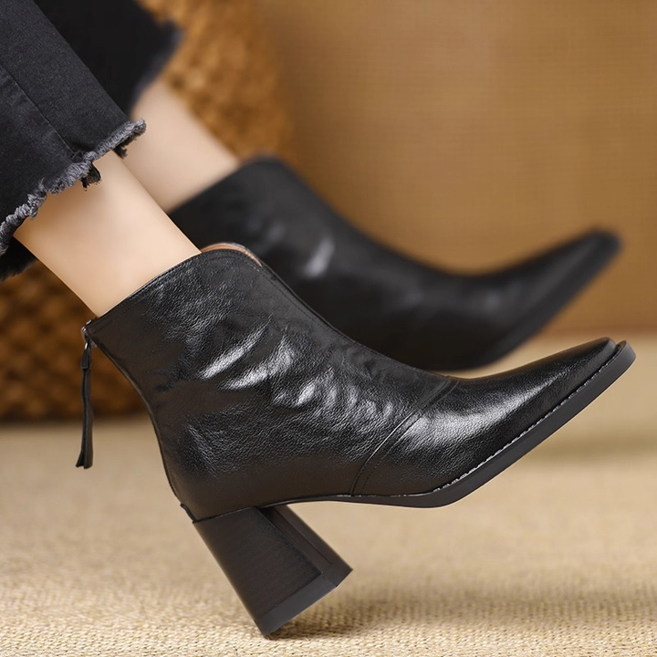 Square Toe Block Heel Back Zip Ankle Boots