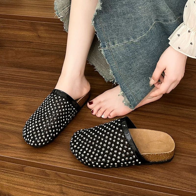 Shiny Mesh Rhinestone Open Back Mules