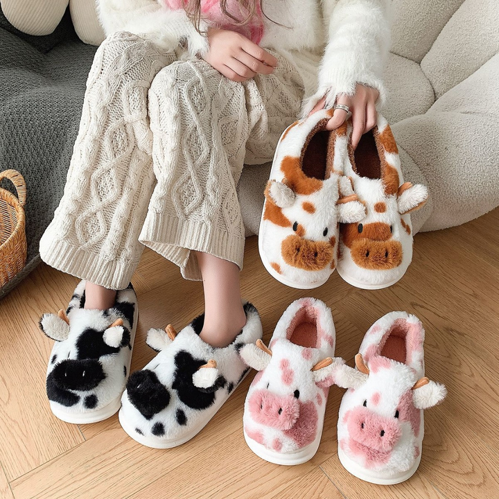 Cartoon Cow Closed Toe Plush Slippers