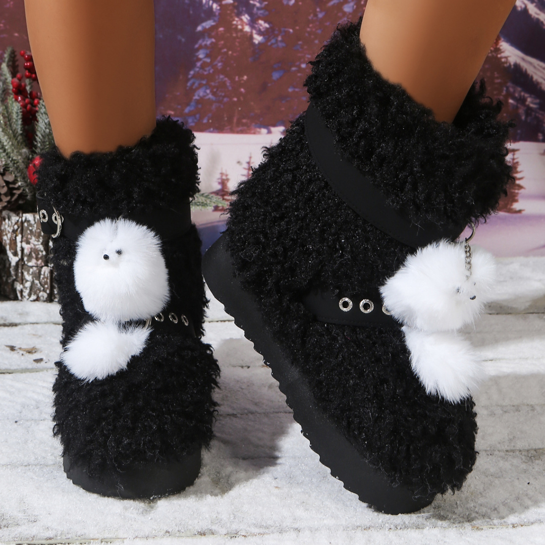 Cute Plush Doll Accent Furry Platform Buckle Ankle Boots