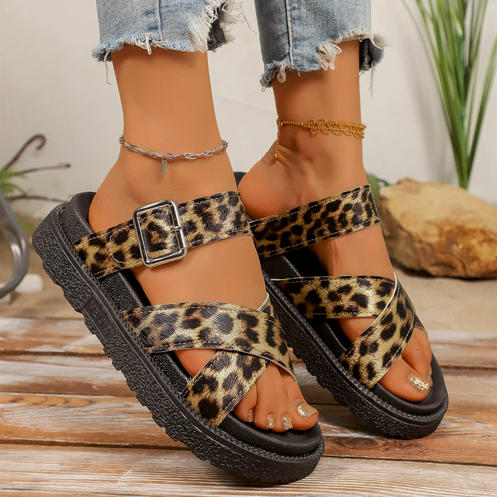 Leopard Print Buckle Strap Platform Slide Sandals