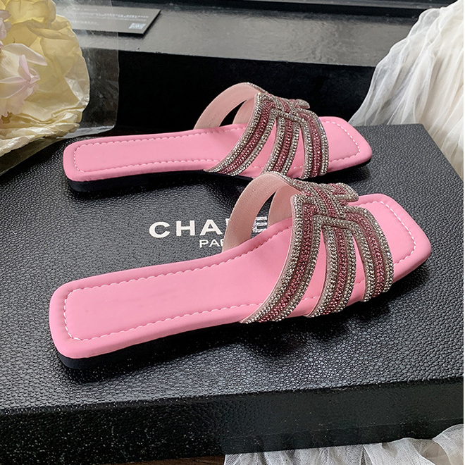 Rhinestone Geometric Strap Square Toe Slide Sandals