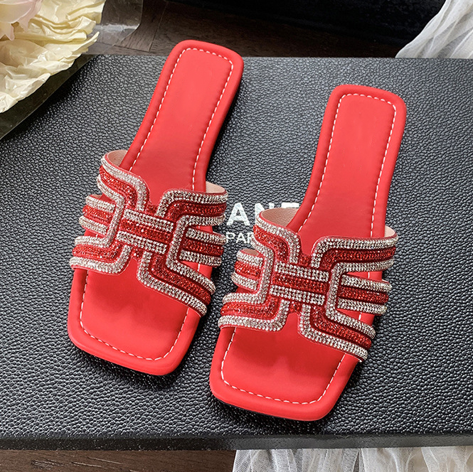 Rhinestone Geometric Strap Square Toe Slide Sandals
