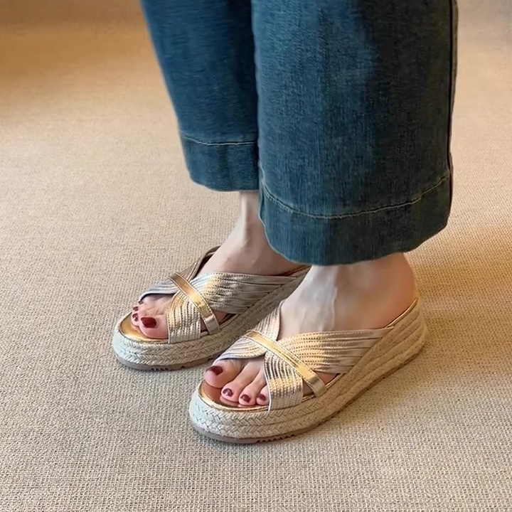 Cross Strap Espadrille Wedge Slide Sandals