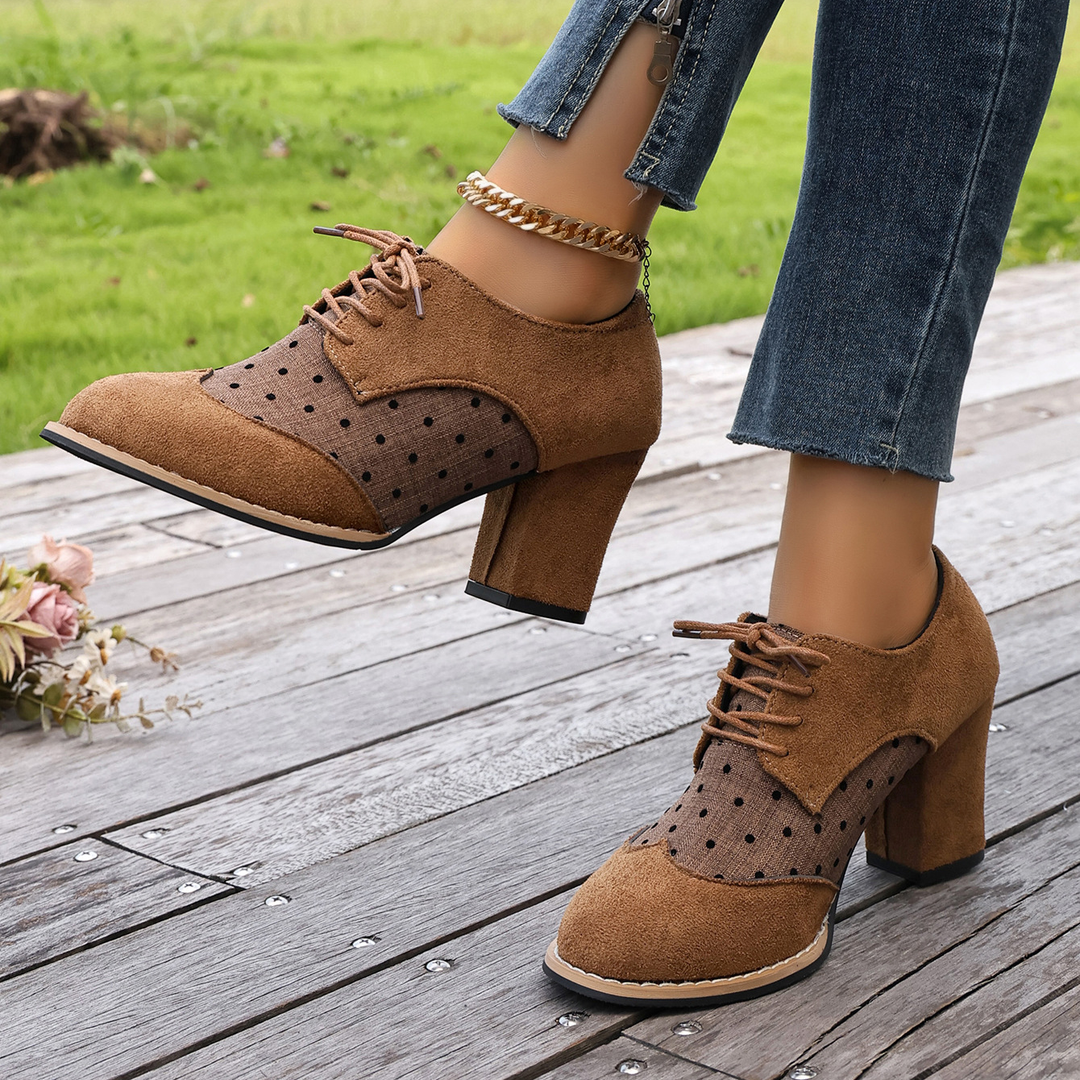Vintage polka-dot lace-up high-heeled shoes