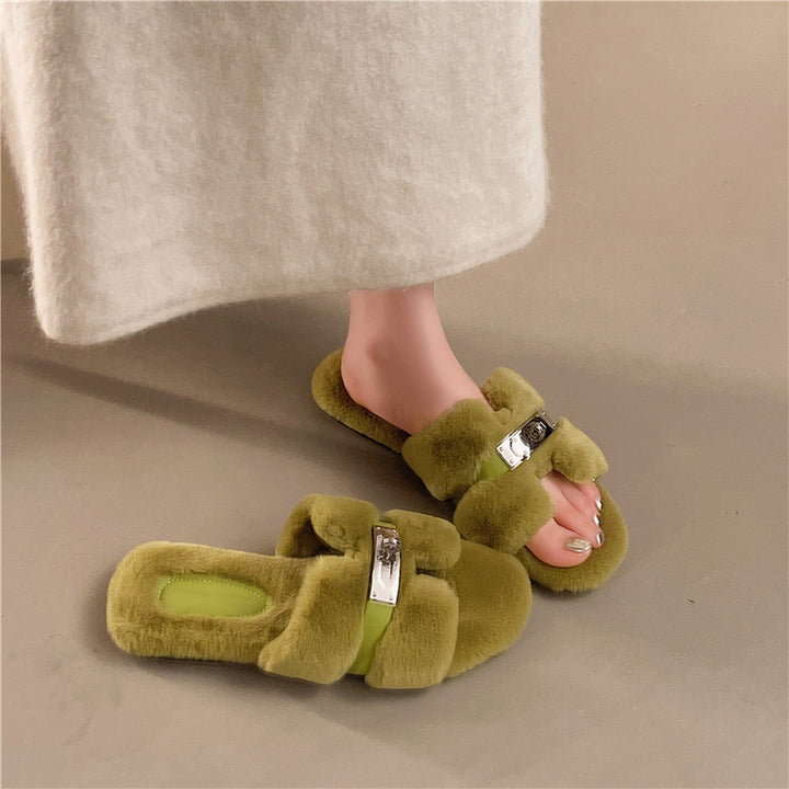 Plush Open Toe Slide Slippers