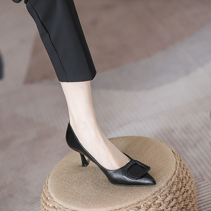 Chic Square Ornament Pointed Toe Kitten Heel Pumps