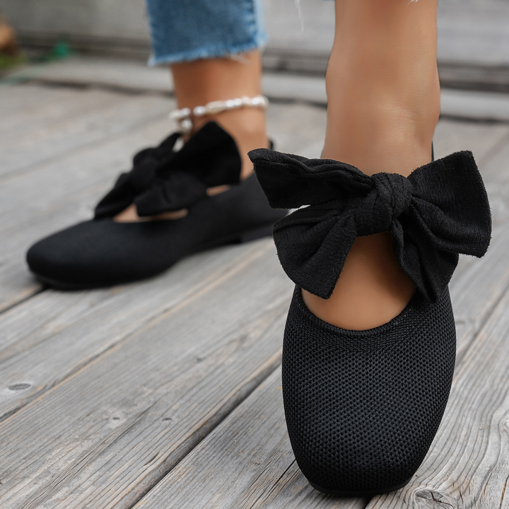 Knit Square Toe Big Bow Decor Flat Ballet Shoes