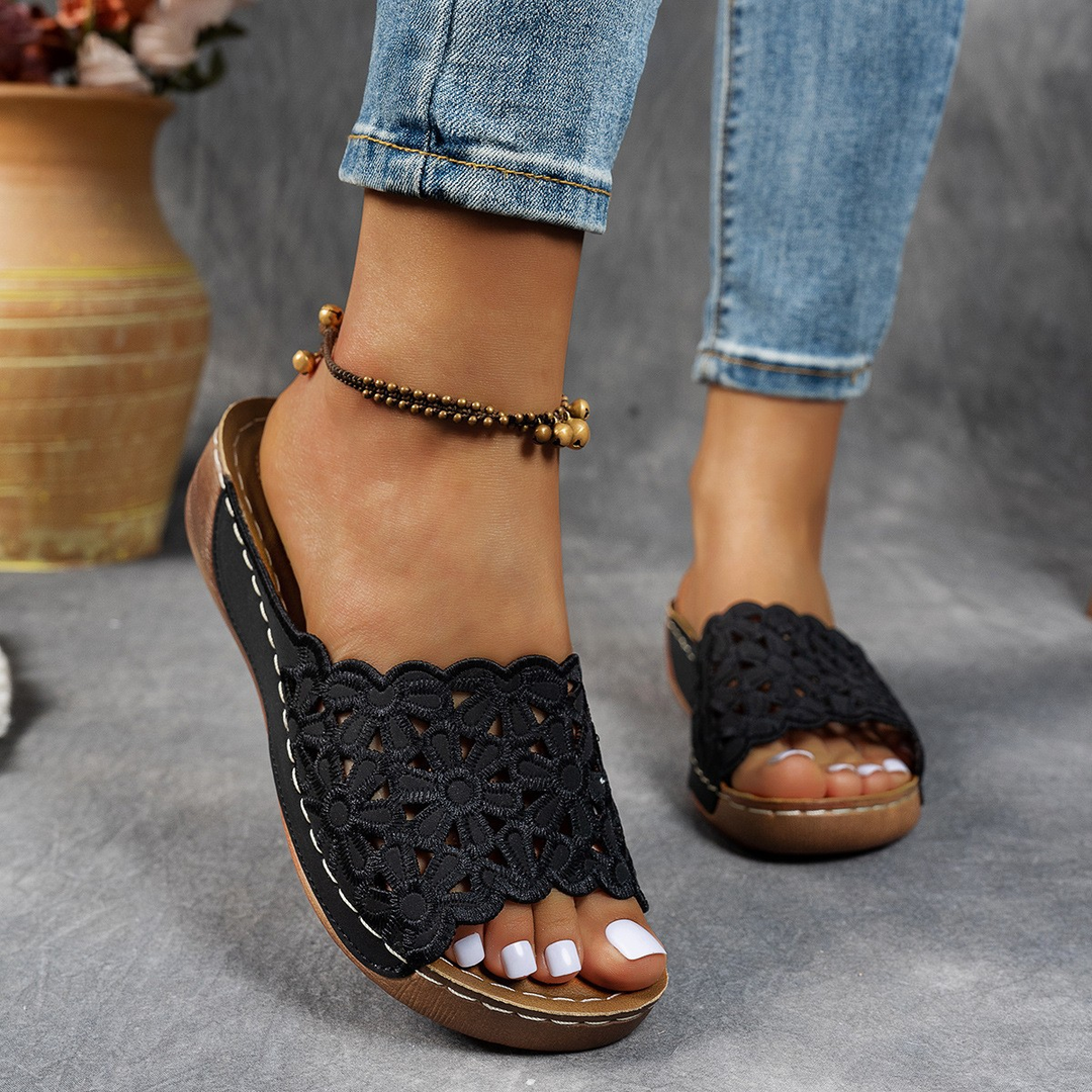 vintage hollow flower platform wedge casual slippers