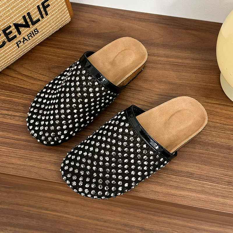 Shiny Mesh Rhinestone Open Back Mules