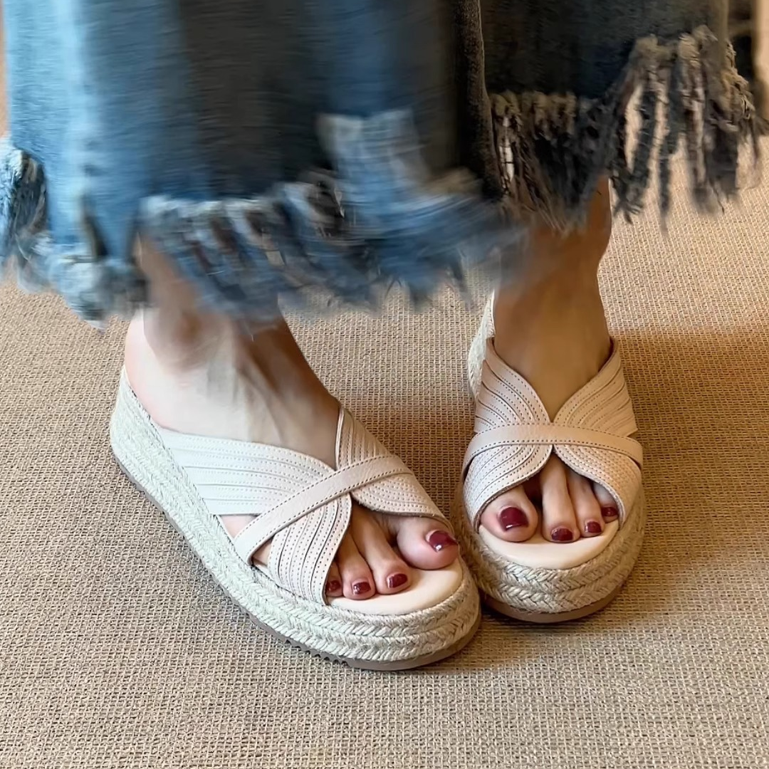 Cross Strap Espadrille Wedge Slide Sandals