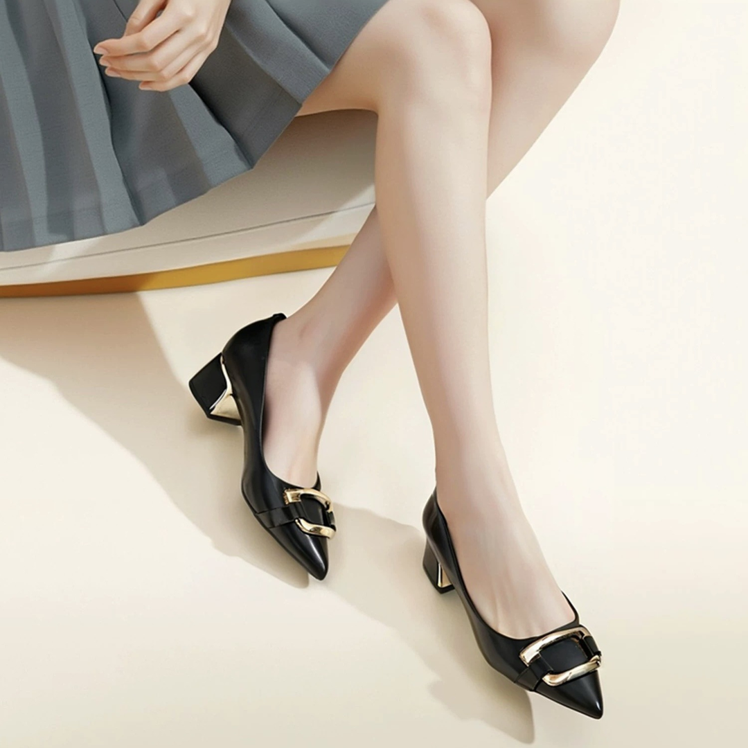 Classic Metal Buckle Pointed Toe Block Heel Shoes