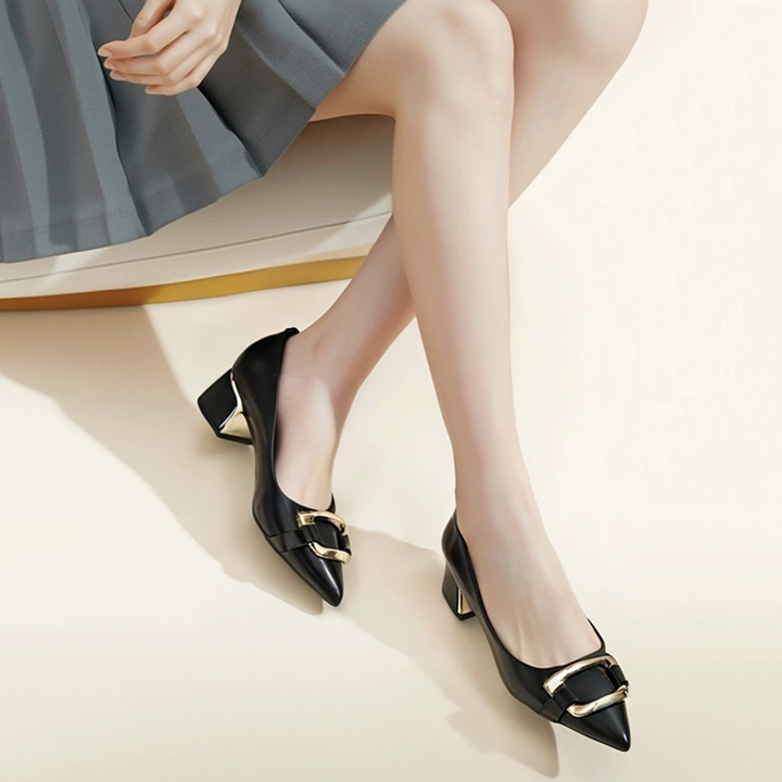 Classic Metal Buckle Pointed Toe Block Heel Shoes