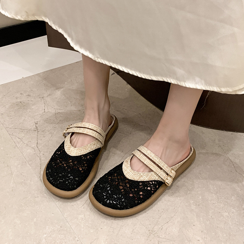Vintage Hollow Strap Flat Mules