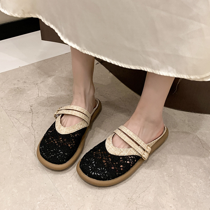 Vintage Hollow Strap Flat Mules