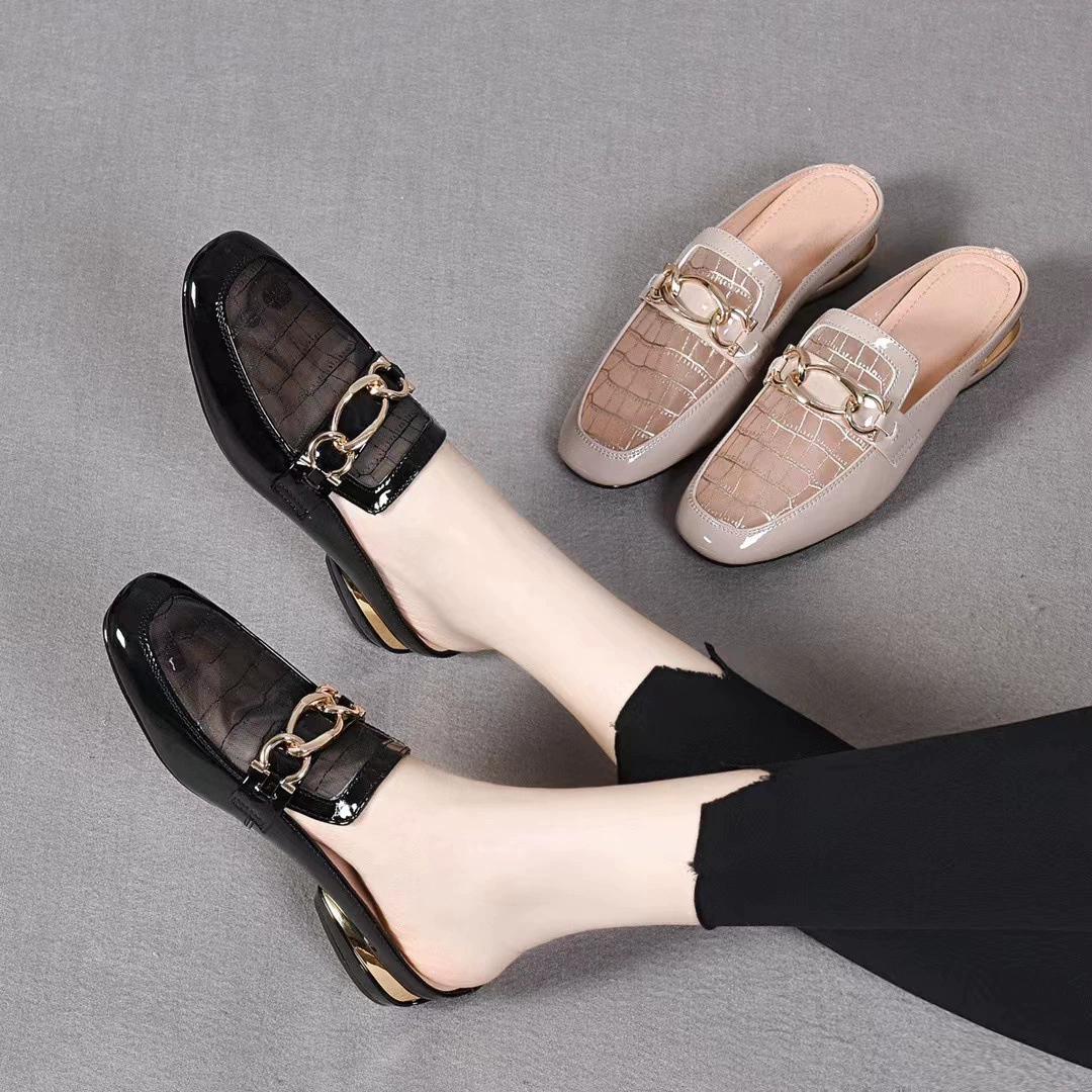 Patent Leather Mesh Chain Slip On Mule Flats