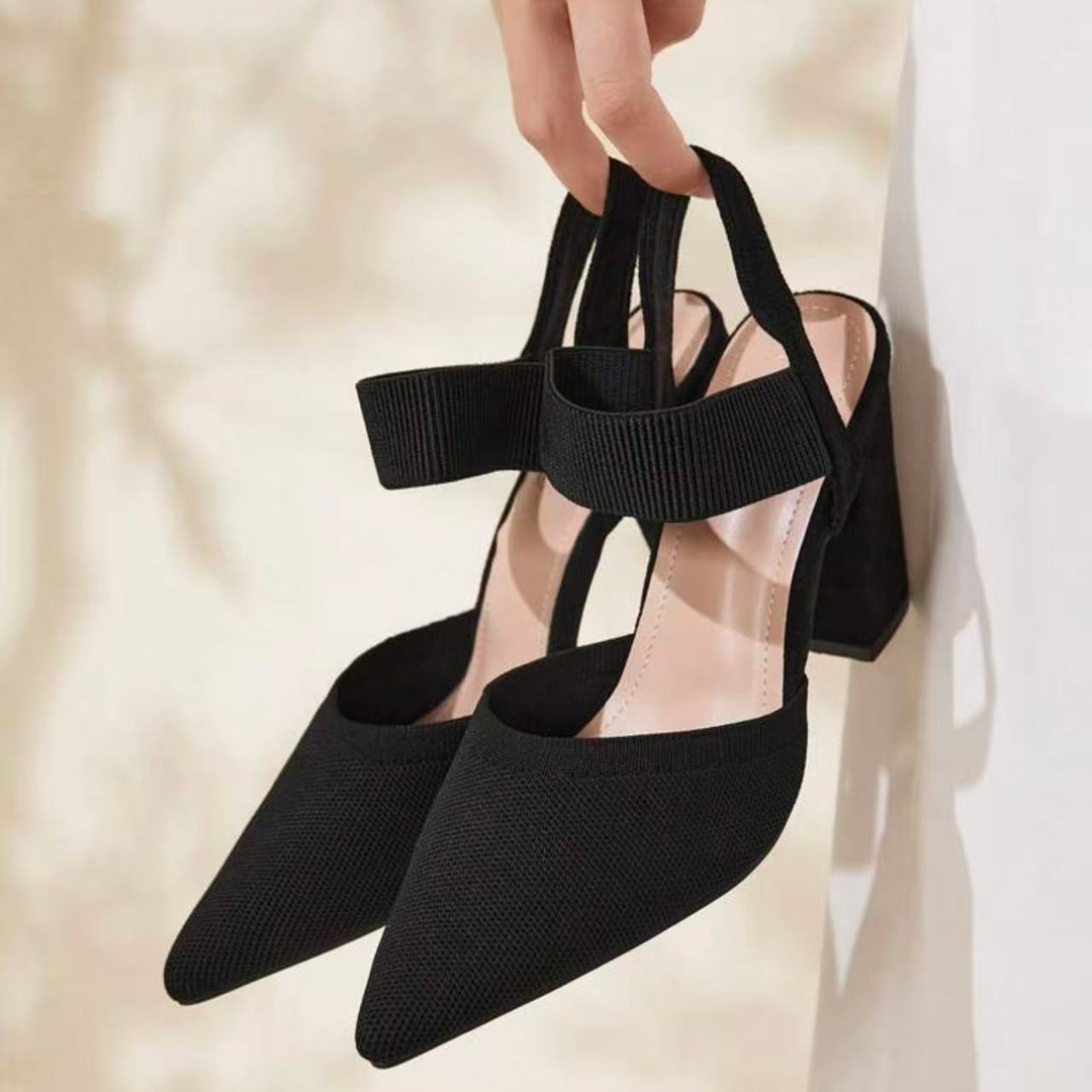 Pointed Toe Elastic Strap Block Heels