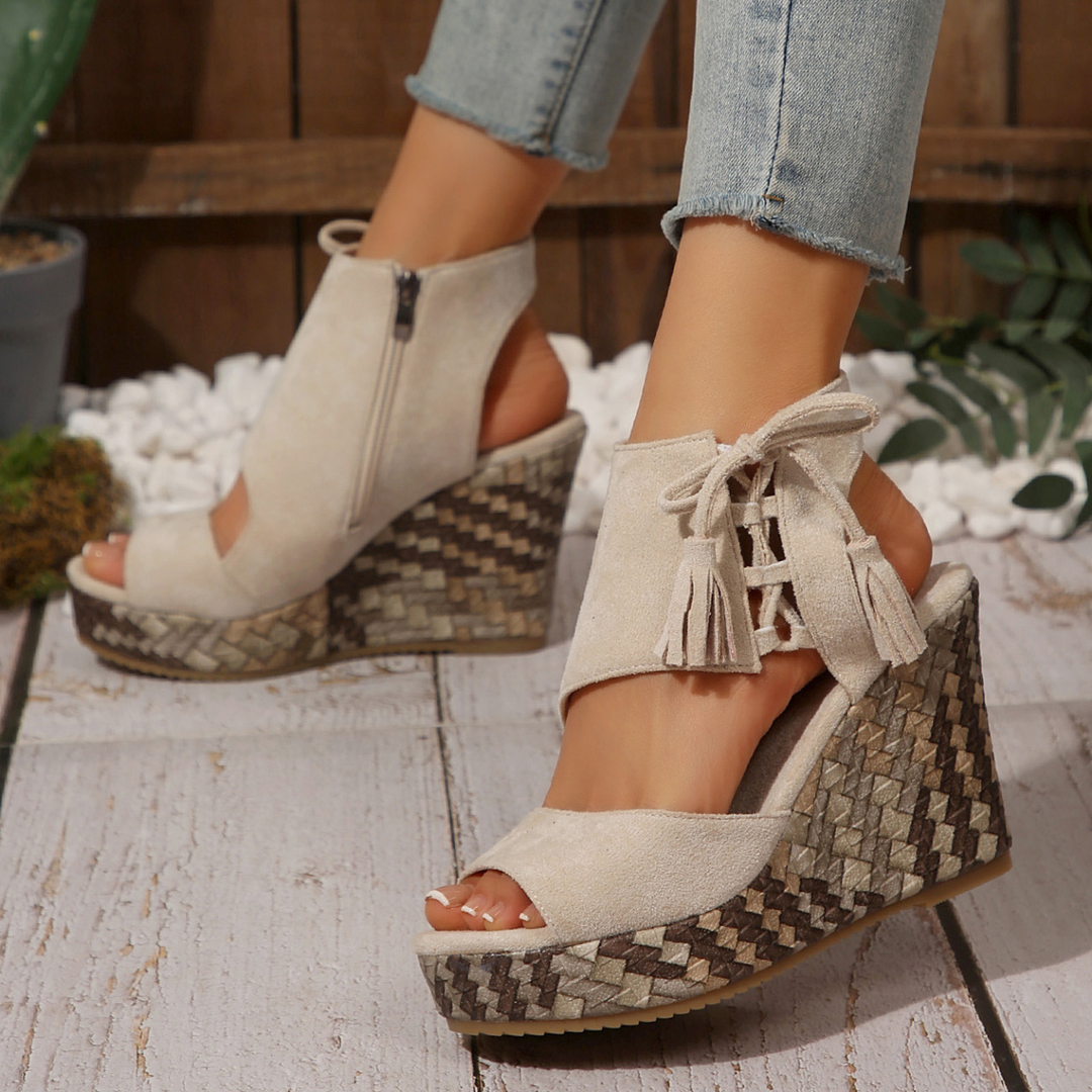 Tassel Lace Up Woven Wedge Ankle Sandals