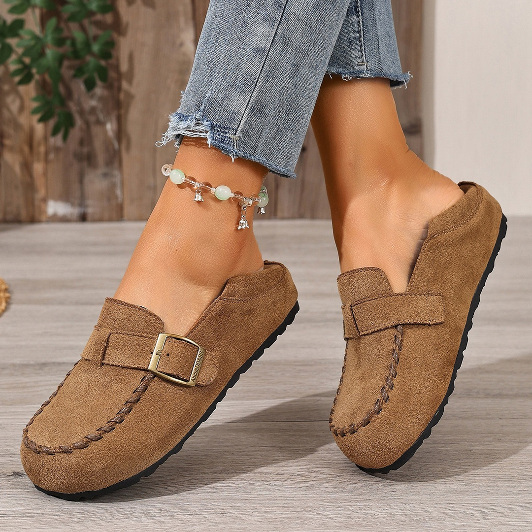 Buckle Decor Stitched Slip On Flat Loafers For Women